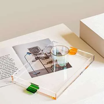 Clear Sturdy Acrylic Serving Tray 13" x 9" inch- Modern Vanity Tray and Decorative Tray for Ottoman, Coffee Table, Kitchen and Bathroom (Clear Green Orange)
