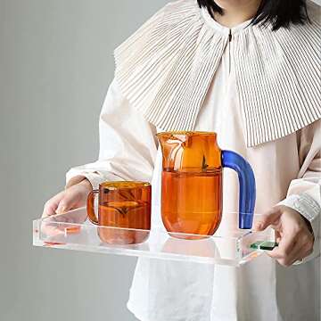 Clear Sturdy Acrylic Serving Tray 13" x 9" inch- Modern Vanity Tray and Decorative Tray for Ottoman, Coffee Table, Kitchen and Bathroom (Clear Green Orange)