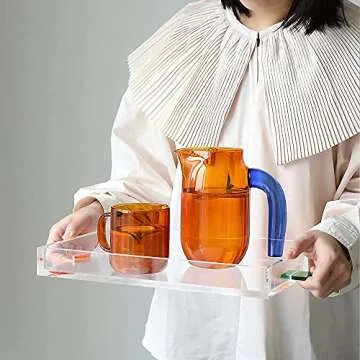 Clear Sturdy Acrylic Serving Tray 13" x 9" inch- Modern Vanity Tray and Decorative Tray for Ottoman, Coffee Table, Kitchen and Bathroom (Clear Green Orange)