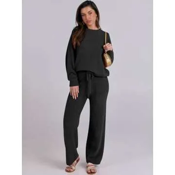 ANRABESS Women's Fuzzy Fleece Pajama Sets 2 Piece Outfits Long Sleeve Top Wide Leg Pants Lounge Matching Set 2024 Fall Winter Black Medium