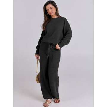 ANRABESS Women's Fuzzy Fleece Pajama Sets 2 Piece Outfits Long Sleeve Top Wide Leg Pants Lounge Matching Set 2024 Fall Winter Black Medium