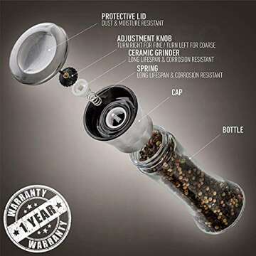 HOME EC Original Stainless Steel Salt or Pepper Grinder 1pk - Adjustable Ceramic Sea Salt Grinder or Pepper Grinder - Tall Glass Salt or Pepper Shakers Pepper Mill or Salt Mill w/EBook