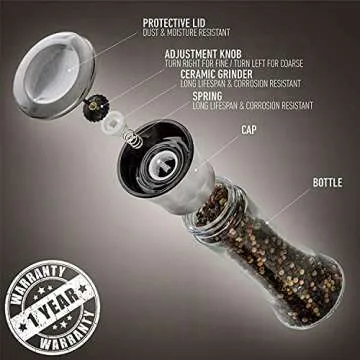 HOME EC Original Stainless Steel Salt or Pepper Grinder 1pk - Adjustable Ceramic Sea Salt Grinder or Pepper Grinder - Tall Glass Salt or Pepper Shakers Pepper Mill or Salt Mill w/EBook