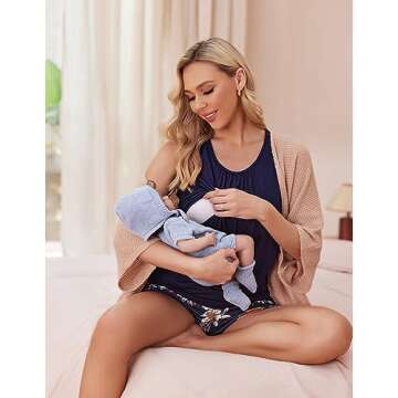Ekouaer Maternity Nursing Pajamas Women Breastfeeding Soft Double Layer Pregnancy Pajamas Set Postpartum Loungewear Floral Navy Blue L