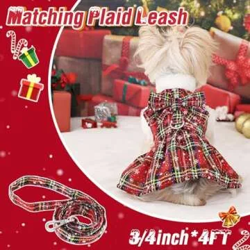 Dog Christmas Sweater Dress with Harness Leash Set Warm Soft Fleece Plaid Clothes for Small Girl Pet Outfit Winter Coat (X-Small, Red Harness Dress)