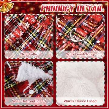 Dog Christmas Sweater Dress with Harness Leash Set Warm Soft Fleece Plaid Clothes for Small Girl Pet Outfit Winter Coat (X-Small, Red Harness Dress)