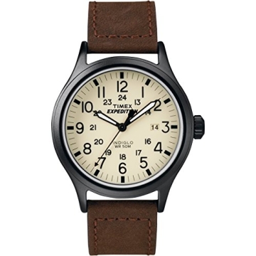 Timex Men's Expedition Scout 40mm Watch - Cream Dial, Black Case, & Brown Leather Strap