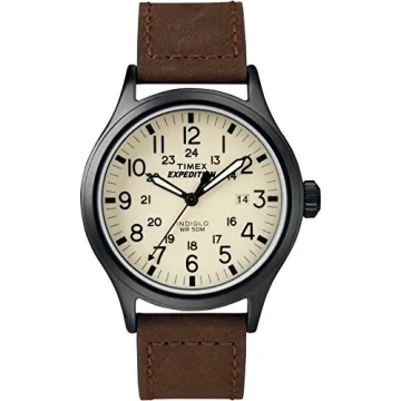 Timex Men's Expedition Scout 40mm Watch - Cream Dial, Black Case, & Brown Leather Strap
