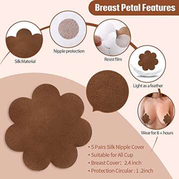 Auteek Boob Tape, Sweat Resistant Breast Lift Tape, Boobtape for All Breasts A-DD, Instant Push Up Fashion Tape Kinesiology Tape Body Tape, with 10 pcs Satin Petals Breast Cover Brown…