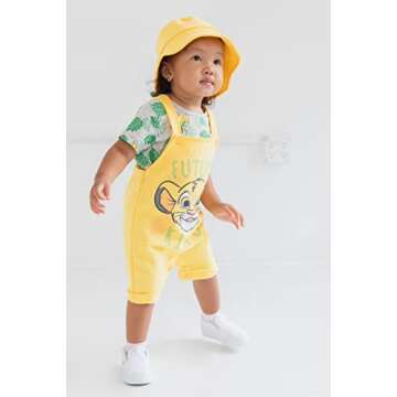 Disney Lion King Simba Infant Baby Boys French Terry Short Overalls T-Shirt and Hat 3 Piece Outfit S...