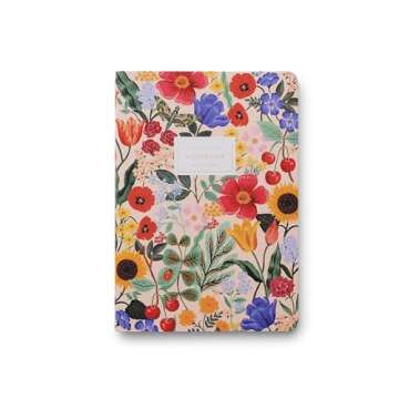 RIFLE PAPER CO. Marguerite Stitched Notebook Set, 8.5" L x 6" W, Set Of 3 Notebooks, 64 Ruled Pages With Gold Ink, Canvas Paper Cover With White Text Paper Interior