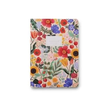 RIFLE PAPER CO. Marguerite Stitched Notebook Set, 8.5" L x 6" W, Set Of 3 Notebooks, 64 Ruled Pages With Gold Ink, Canvas Paper Cover With White Text Paper Interior