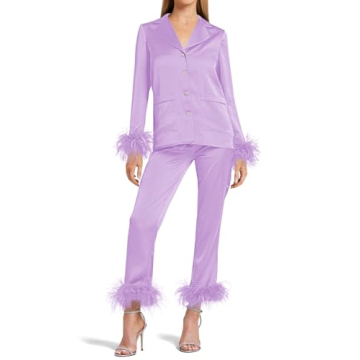 Women's Silk Satin Pajama Set Feather Trim Bridal Long Sleeve Pocketed Lounge Sets Sleepwear (Remova...
