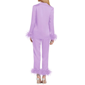 Silk Satin Pajama Set with Removable Feather Trim for Women