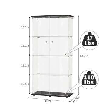 Glass Display Cabinet with Mirror Back Panel,4-Tier Floor Standing Glass Bookshelf with 2 Doors,Curi...