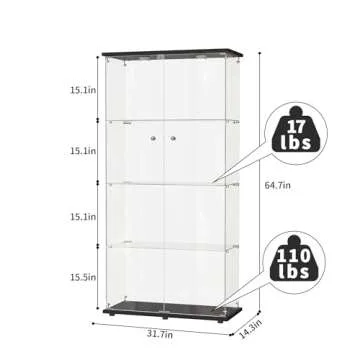 Glass Display Cabinet with Mirror Back Panel,4-Tier Floor Standing Glass Bookshelf with 2 Doors,Curi...