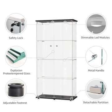 Glass Display Cabinet with Mirror Back Panel,4-Tier Floor Standing Glass Bookshelf with 2 Doors,Curio Cabinets with 3 Color Light for collectable,Toy, Book, for Living Room, Bedroom, Office,Black