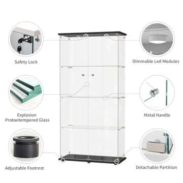 Glass Display Cabinet with Mirror Back Panel,4-Tier Floor Standing Glass Bookshelf with 2 Doors,Curio Cabinets with 3 Color Light for collectable,Toy, Book, for Living Room, Bedroom, Office,Black