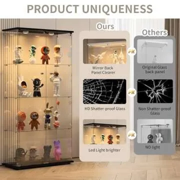 Glass Display Cabinet with Mirror Back Panel,4-Tier Floor Standing Glass Bookshelf with 2 Doors,Curio Cabinets with 3 Color Light for collectable,Toy, Book, for Living Room, Bedroom, Office,Black