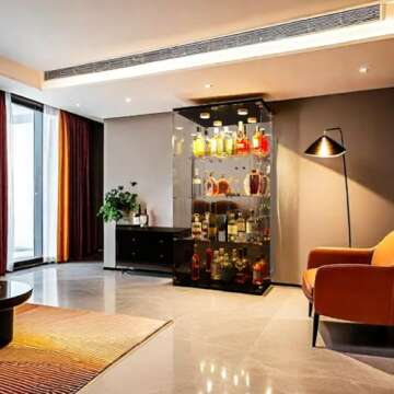 Glass Display Cabinet with Mirror Back Panel,4-Tier Floor Standing Glass Bookshelf with 2 Doors,Curio Cabinets with 3 Color Light for collectable,Toy, Book, for Living Room, Bedroom, Office,Black