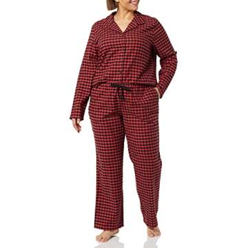 Amazon Essentials Women's Flannel Long-Sleeve Button Front Shirt and Pant Pajama Set, Black Red Mini Buffalo Plaid, Medium