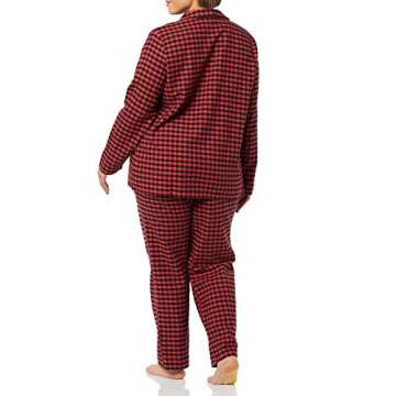 Amazon Essentials Women's Flannel Long-Sleeve Button Front Shirt and Pant Pajama Set, Black Red Mini Buffalo Plaid, Medium