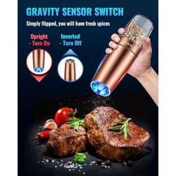 Sweet Alice Gravity Electric Pepper/Salt Grinder, Salt or Pepper Mill, Adjustable Coarseness, Battery Powered with LED Light, One Hand Automatic Operation, Stainless Steel (Single/Copper)