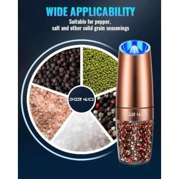 Sweet Alice Gravity Electric Pepper/Salt Grinder, Salt or Pepper Mill, Adjustable Coarseness, Battery Powered with LED Light, One Hand Automatic Operation, Stainless Steel (Single/Copper)
