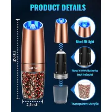 Sweet Alice Gravity Electric Pepper/Salt Grinder, Salt or Pepper Mill, Adjustable Coarseness, Battery Powered with LED Light, One Hand Automatic Operation, Stainless Steel (Single/Copper)