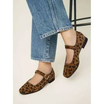 DOEYG Leopard Ballet Flats Shoes for Women Animal Print Suede Mary Jane Flats Shoes Square Toe Dress...