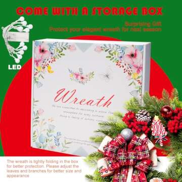 WREATHOME Christmas Wreaths for Front Door, 20 Inch Lighted Artificial Christmas Door Wreath with Christmas Ball Bow, Holiday Decorations