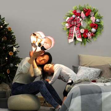 WREATHOME Christmas Wreaths for Front Door, 20 Inch Lighted Artificial Christmas Door Wreath with Christmas Ball Bow, Holiday Decorations