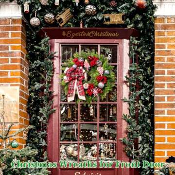 WREATHOME Christmas Wreaths for Front Door, 20 Inch Lighted Artificial Christmas Door Wreath with Christmas Ball Bow, Holiday Decorations
