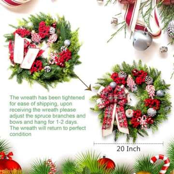 WREATHOME Christmas Wreaths for Front Door, 20 Inch Lighted Artificial Christmas Door Wreath with Christmas Ball Bow, Holiday Decorations