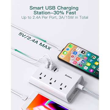 Power Strip with USB, Addtam ETL Certificate Flat Plug Extension Cord with 3 USB Ports, 3 Widely Spaced Outlets, 5 Feet Braided Cord, Desktop Small Travel Power Strip for Cruise Ship, Home, Office