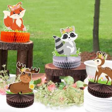 Distaratie 11PCS Floral Woodland Honeycomb Centerpieces Flowers Boho Forest Creatures Table Toppers Woodland Baby Shower Welcome Baby Nursery Carbin Wild Animal Party Supplies Fox Bear Shaped 3D Decor