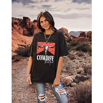 Cowboy Killer Shirt for Women Western Vintage Rodeo T-Shirt Retro Bull Skull Graphic Tee Summer Casu...