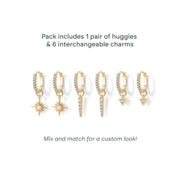 PAVOI 18K Yellow Gold Plated Huggie Earrings and Charm Set for Women | Mix and Match Earring Pack with Star Cubic Zirconia Charms