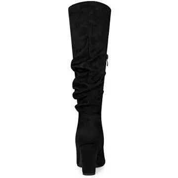 Allegra K Slouchy Pointed Toe Chunky Heel Knee High Boots