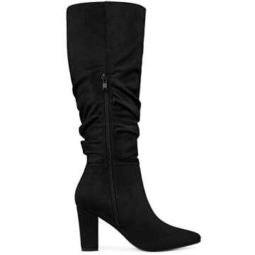 Allegra K Slouchy Pointed Toe Chunky Heel Knee High Boots
