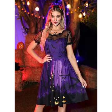 Womens Halloween Lace Sleeves Vintage Bat Costume A Line Knee Length Party Dress Pumpkin Castle Purp...