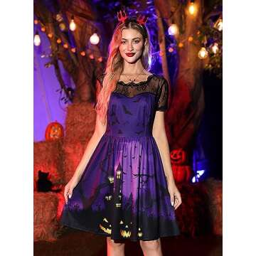 Womens Halloween Lace Sleeves Vintage Bat Costume A Line Knee Length Party Dress Pumpkin Castle Purple S