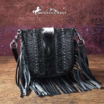 Montana West Fringe Purse Western Purses for Women Crossbody Bag Small Leather Cowhide Women Crossbody Handbags Black