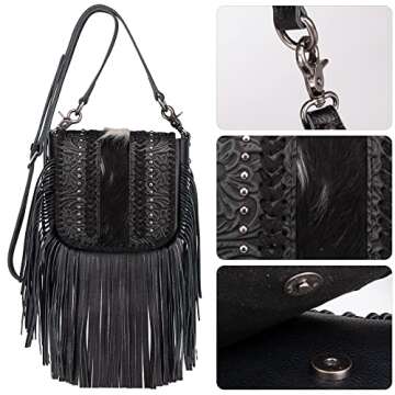 Montana West Fringe Purse Western Purses for Women Crossbody Bag Small Leather Cowhide Women Crossbody Handbags Black