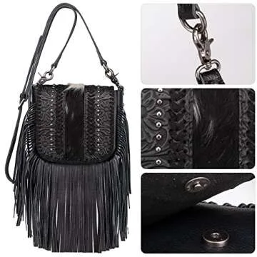 Montana West Fringe Purse Western Purses for Women Crossbody Bag Small Leather Cowhide Women Crossbody Handbags Black