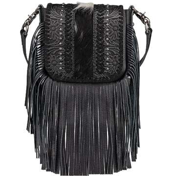 Montana West Fringe Purse Western Purses for Women Crossbody Bag Small Leather Cowhide Women Crossbody Handbags Black