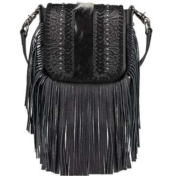 Montana West Fringe Purse Western Purses for Women Crossbody Bag Small Leather Cowhide Women Crossbody Handbags Black