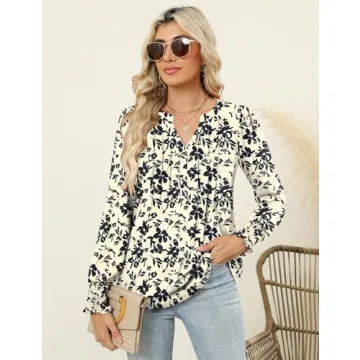 LOMON Womens Tops Dressy Casual Pleated V Neck Long Sleeve Shirts for Fall Fashion