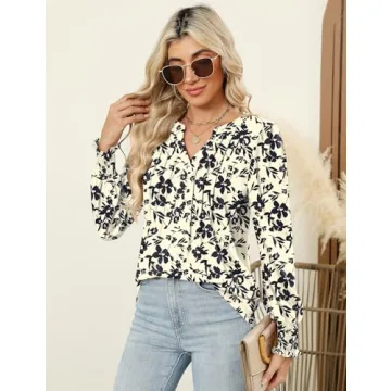 LOMON Women's Stylish Pleated Long Sleeve Tops for Fall