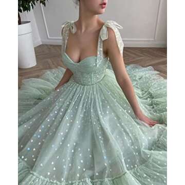 SoDigne Bow Straps Hearty Tulle Prom Dresses A Line Blue Tea Length Petite 2023 Formal Evening Party...